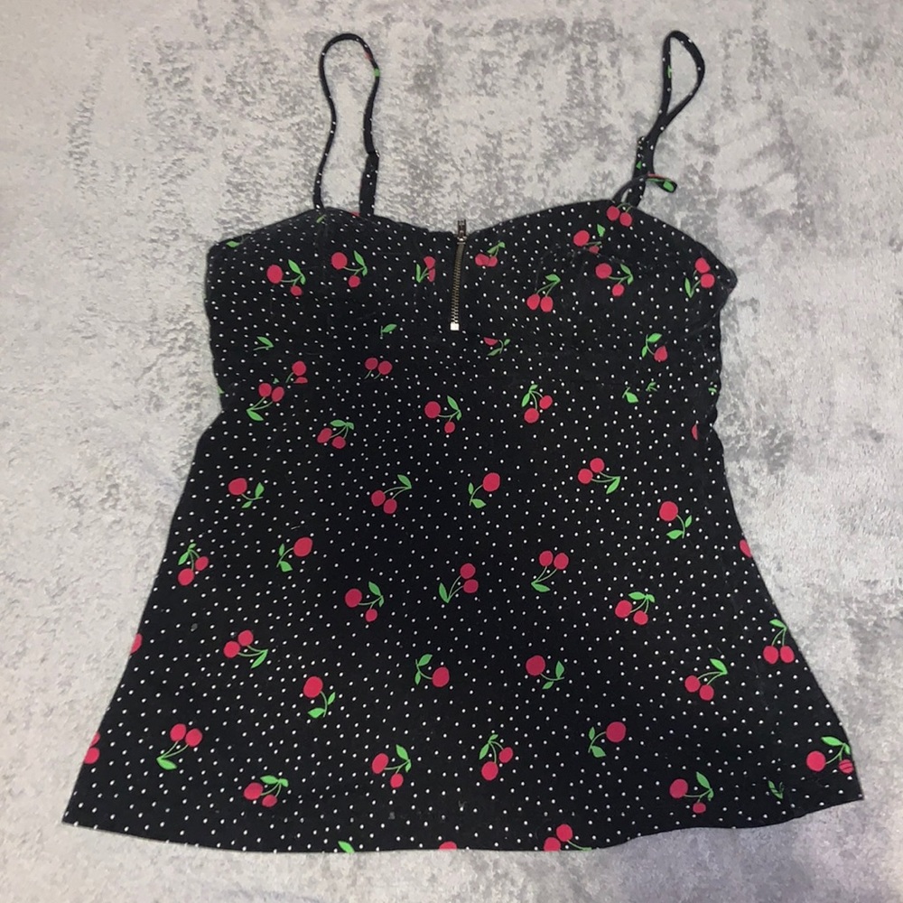 cherry polka dot zip up tank top